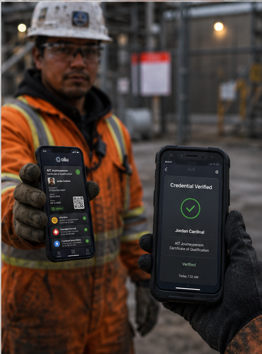 A worker presents the credential; the verifier's phone reads Credential Verified