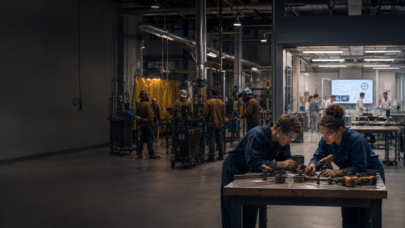 Trades classroom, workers at a training bench