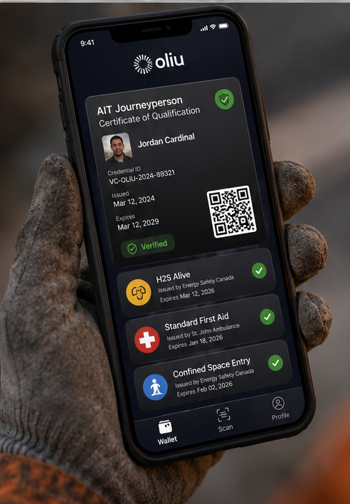The Oliu wallet, an AIT Journeyperson Certificate of Qualification with H2S Alive, Standard First Aid and Confined Space Entry credentials
